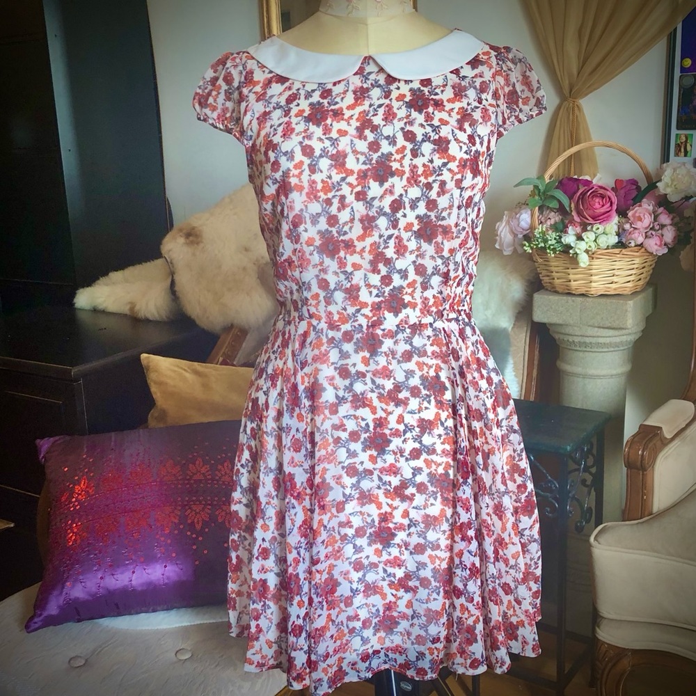 Zara Floral Fit-and-flare Dress, red and white, collar, size S